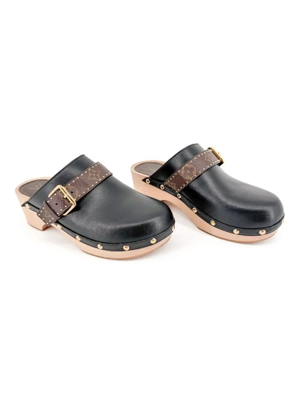 Louis Vuitton LV Cottage Mule Clogs Black Leather Size 39 US 9 Women's Wooden